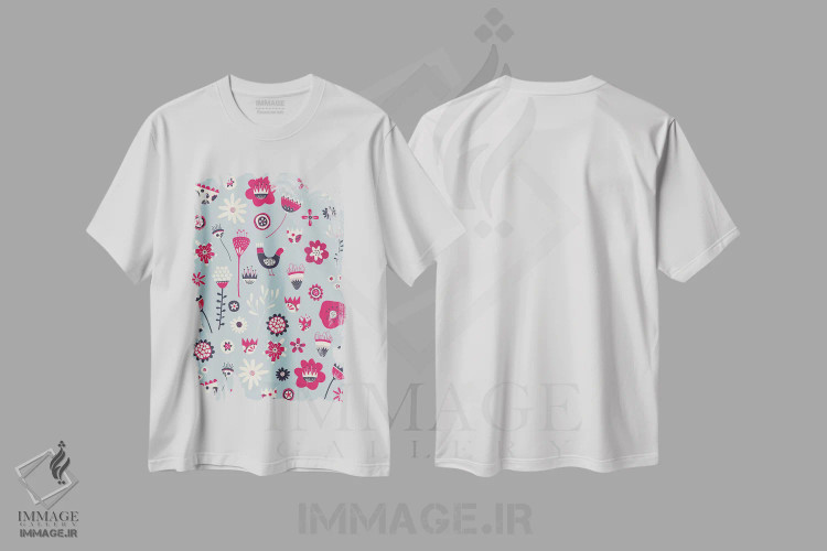 تیشرت سفید طرح دار گل های سنتی بهاری آبی، هنر دیجیتال اثر نیک اسکویرل | فروشگاه ایماژ