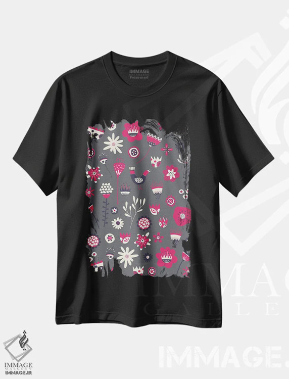 تیشرت مشکی طرح دار گل های سنتی بهاری تیره، هنر دیجیتال اثر نیک اسکویرل | فروشگاه ایماژ