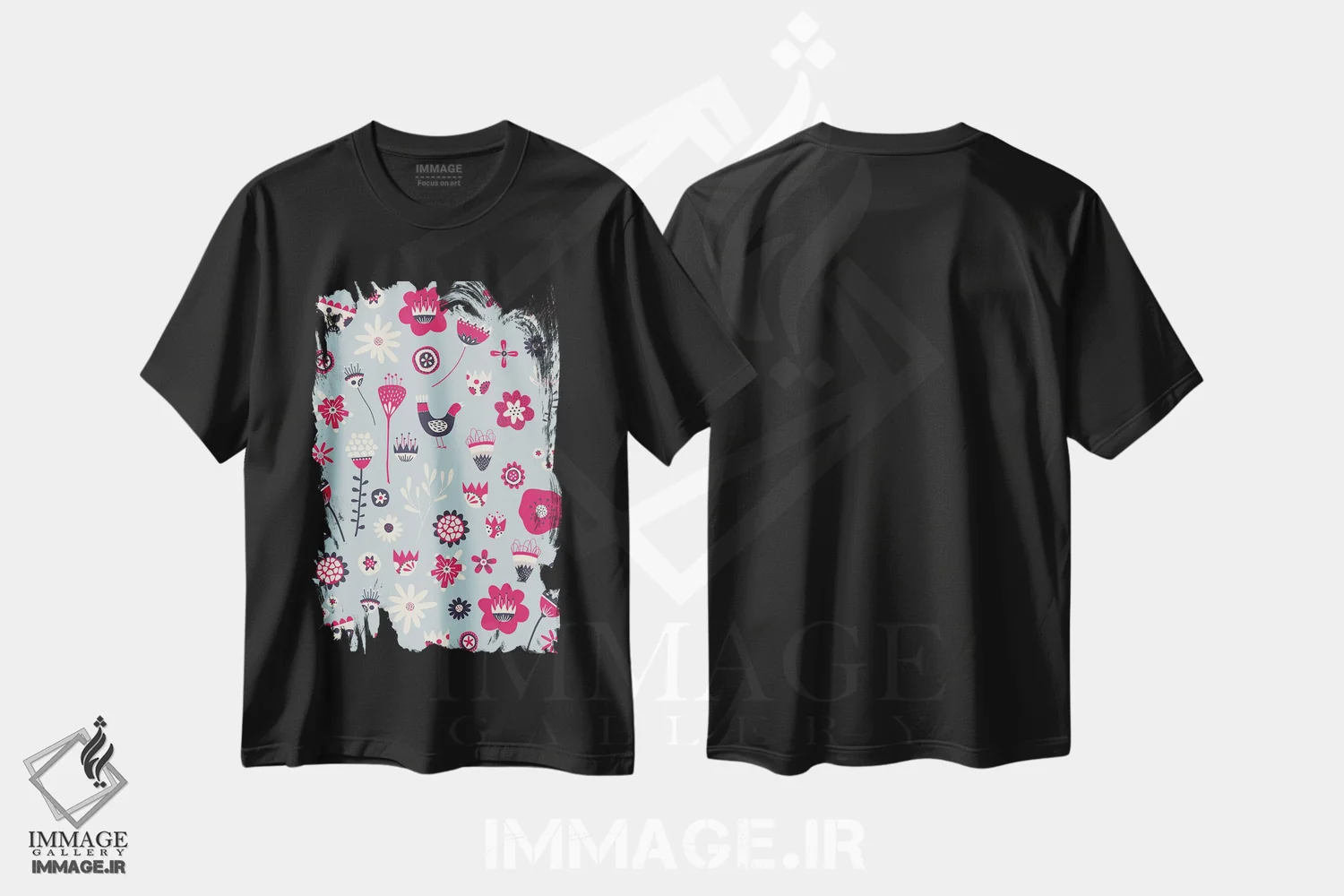 تیشرت مشکی طرح دار گل های سنتی بهاری آبی، هنر دیجیتال اثر نیک اسکویرل | immage.ir