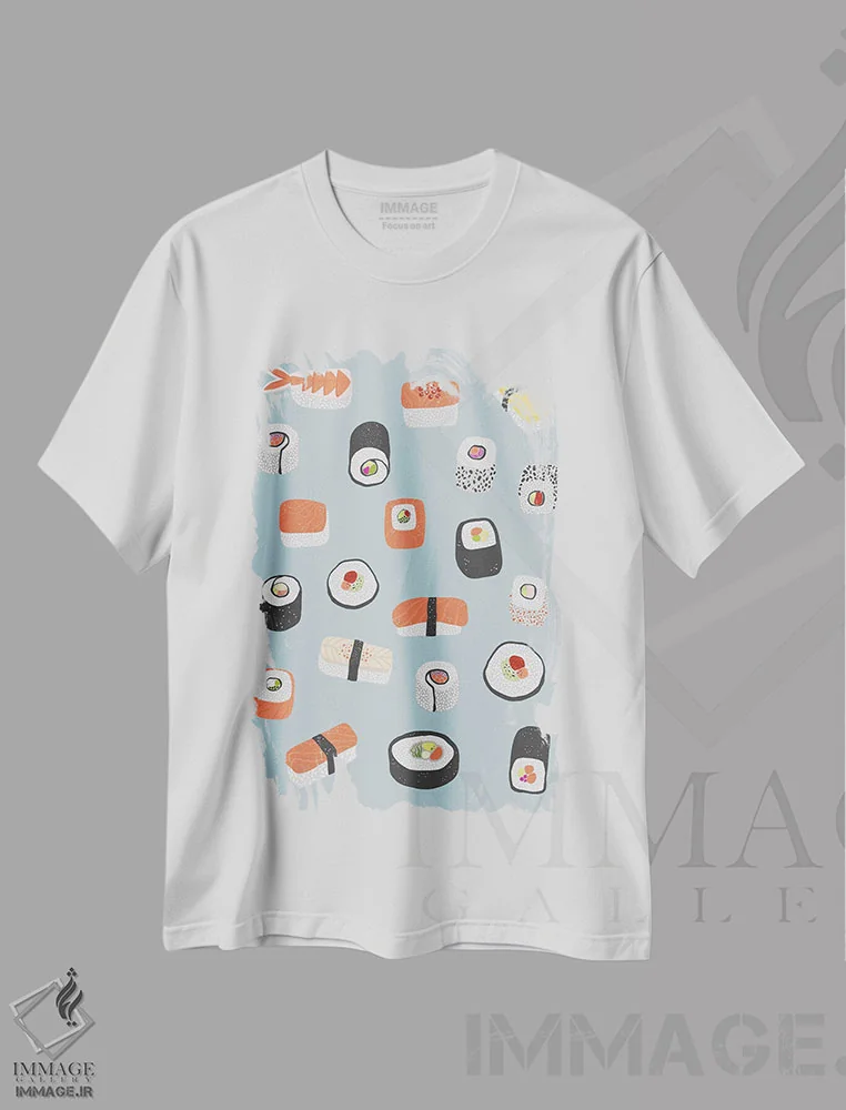 تیشرت سفید طرح دار رول سوشی، ماکی و نیگری، دکور آسیایی اثر نیک اسکویرل | immage.ir
