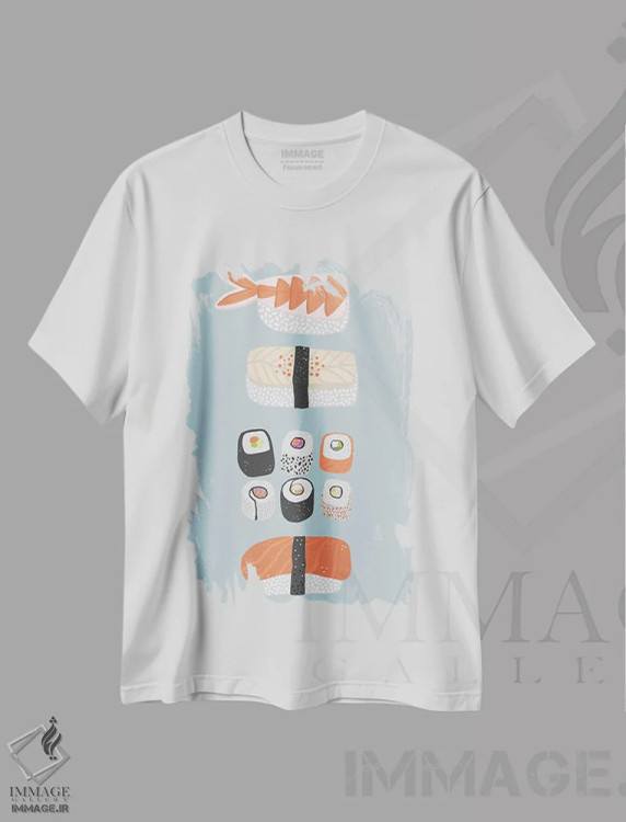 تیشرت سفید طرح دار سوشی، دکور آسیایی اثر نیک اسکویرل | فروشگاه ایماژ