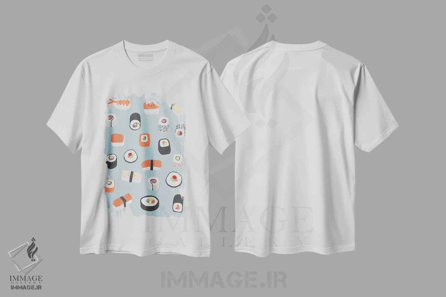 تیشرت سفید طرح دار رول سوشی، ماکی و نیگری، دکور آسیایی اثر نیک اسکویرل | immage.ir