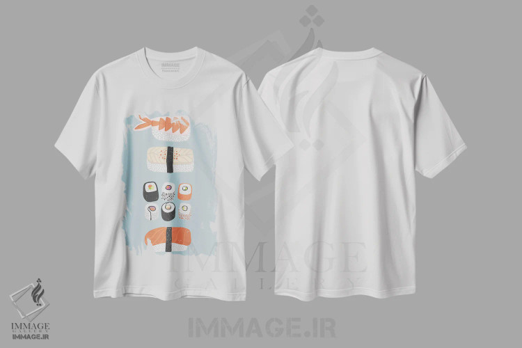 تیشرت سفید طرح دار سوشی، دکور آسیایی اثر نیک اسکویرل | فروشگاه ایماژ