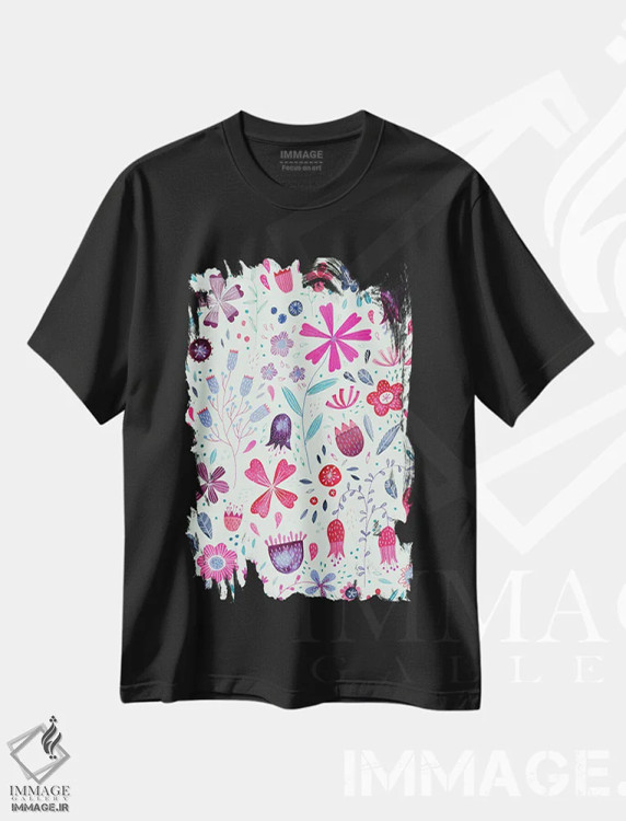 تیشرت مشکی طرح دار گل های کنینگتون سبز، هنر دیجیتال اثر نیک اسکویرل | immage.ir