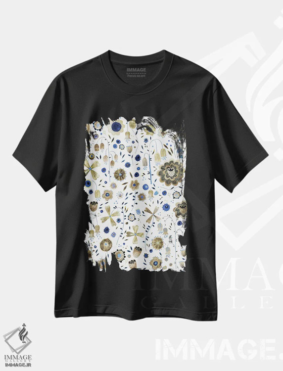 تیشرت مشکی طرح دار باغ گل طلایی، هنر دیجیتال اثر نیک اسکویرل | فروشگاه ایماژ