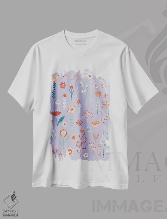 تیشرت سفید طرح دار گل های تابستانی آبی، هنر دیجیتال اثر نیک اسکویرل | فروشگاه ایماژ