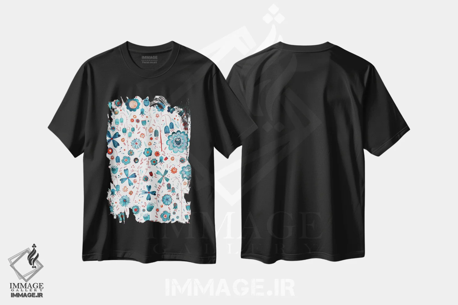 تیشرت مشکی طرح دار باغ گل فیروزه ای، هنر دیجیتال اثر نیک اسکویرل | immage.ir