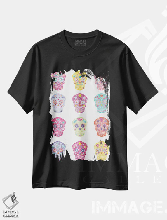 تیشرت مشکی طرح دار جمجمه های شکری آبرنگی روز مردگان، دکور معاصر اثر نیک اسکویرل | immage.ir