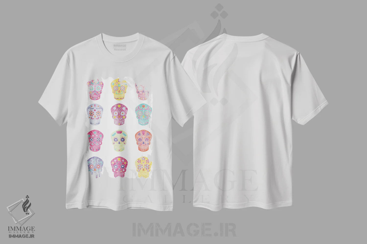 تیشرت سفید طرح دار جمجمه های شکری آبرنگی روز مردگان، دکور معاصر اثر نیک اسکویرل | فروشگاه ایماژ