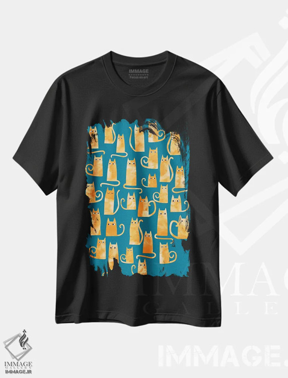 تیشرت مشکی طرح دار گربه های نارنجی آبرنگی فیروزه ای، هنر دیجیتال اثر نیک اسکویرل | فروشگاه ایماژ