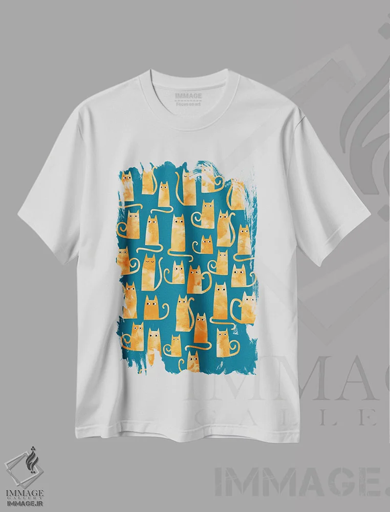 تیشرت سفید طرح دار گربه های نارنجی آبرنگی فیروزه ای، هنر دیجیتال اثر نیک اسکویرل | immage.ir