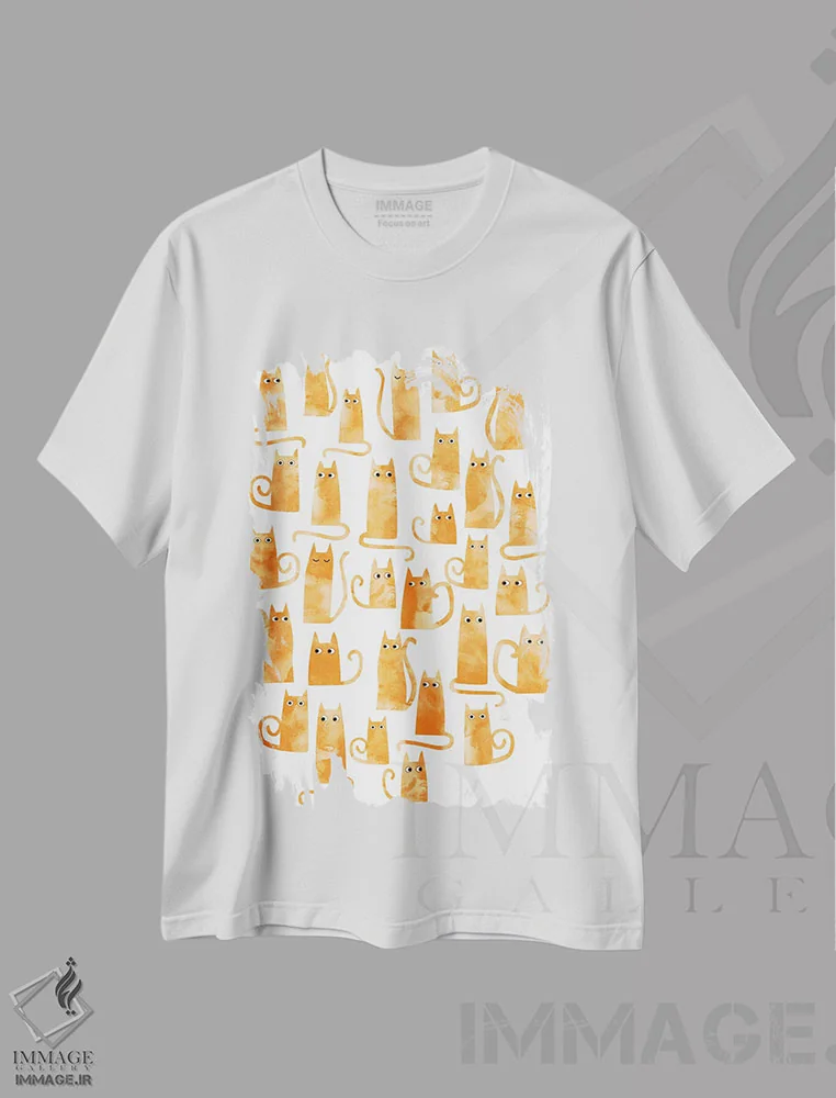 تیشرت سفید طرح دار گربه های نارنجی آبرنگی، هنر دیجیتال اثر نیک اسکویرل | فروشگاه ایماژ