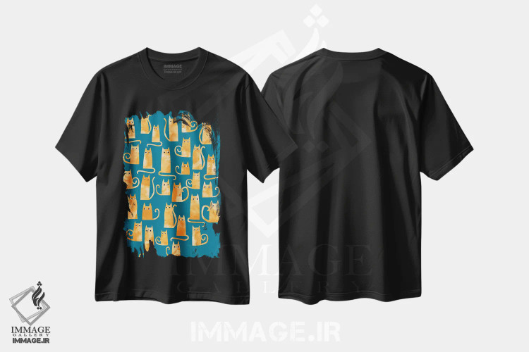 تیشرت مشکی طرح دار گربه های نارنجی آبرنگی فیروزه ای، هنر دیجیتال اثر نیک اسکویرل | فروشگاه ایماژ