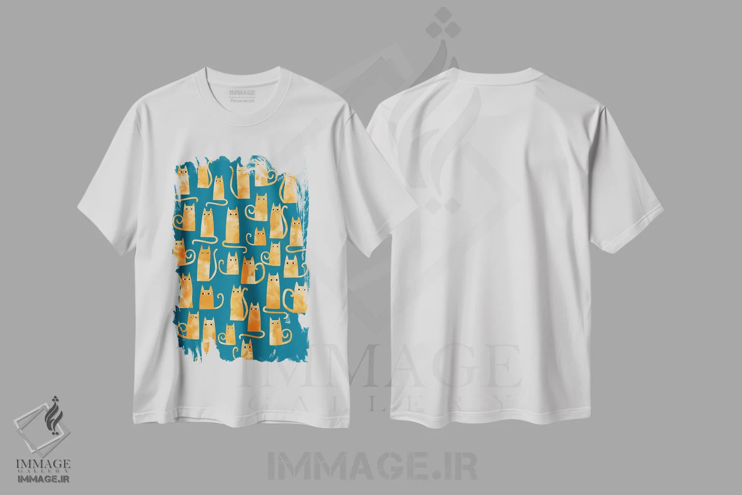 تیشرت سفید طرح دار گربه های نارنجی آبرنگی فیروزه ای، هنر دیجیتال اثر نیک اسکویرل | immage.ir