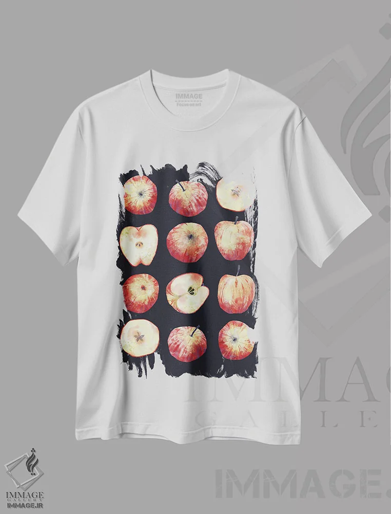 تیشرت سفید طرح دار سیب ها در تاریکی، هنر دیجیتال اثر نیک اسکویرل | فروشگاه ایماژ