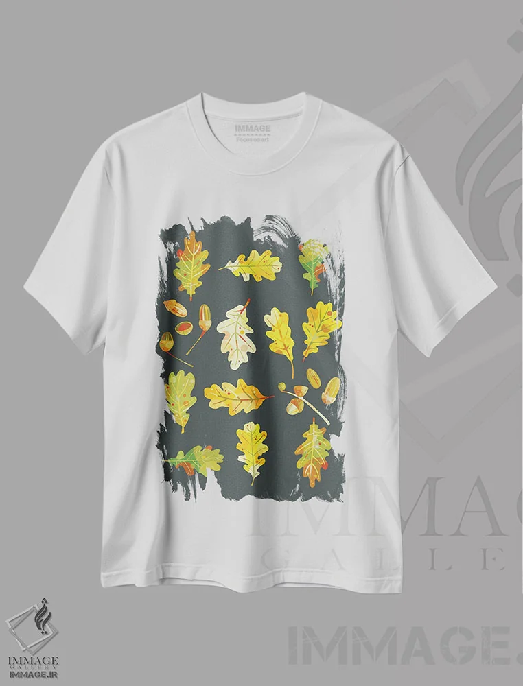 تیشرت سفید طرح دار برگ بلوط و بلوط ها، تزئینی اثر نیک اسکویرل | immage.ir