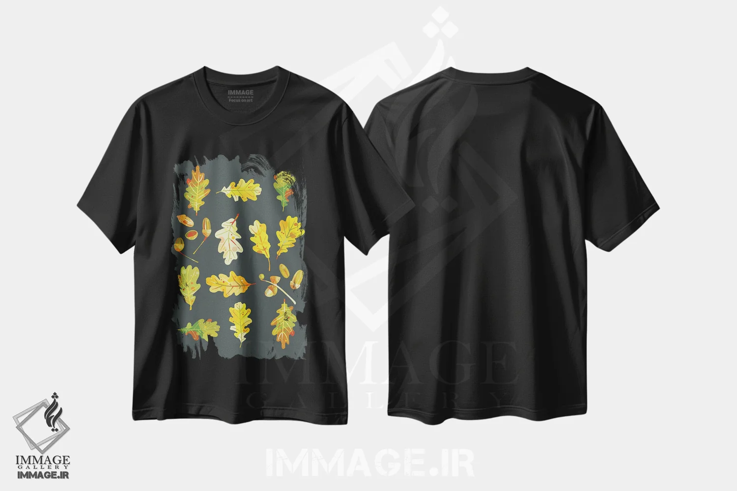 تیشرت مشکی طرح دار برگ بلوط و بلوط ها، تزئینی اثر نیک اسکویرل | فروشگاه ایماژ