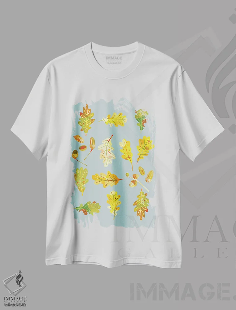 تیشرت سفید طرح دار بلوط هاو برگ های بلوط، تزئینی اثر نیک اسکویرل | فروشگاه ایماژ