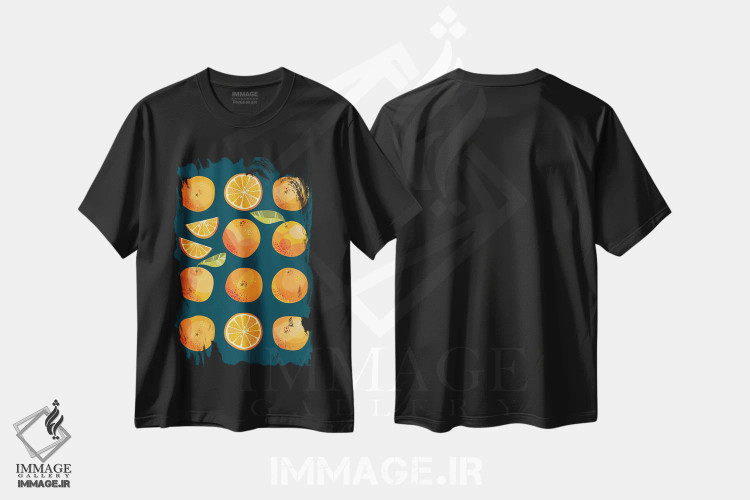 تیشرت مشکی طرح دار پرتقال ها در تاریکی، هنر دیجیتال اثر نیک اسکویرل | فروشگاه ایماژ