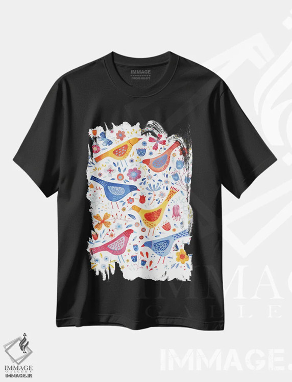 تیشرت مشکی طرح دار پرندگان در باغ، هنر دیجیتال اثر نیک اسکویرل | فروشگاه ایماژ