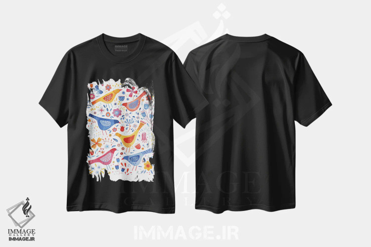 تیشرت مشکی طرح دار پرندگان در باغ، هنر دیجیتال اثر نیک اسکویرل | فروشگاه ایماژ