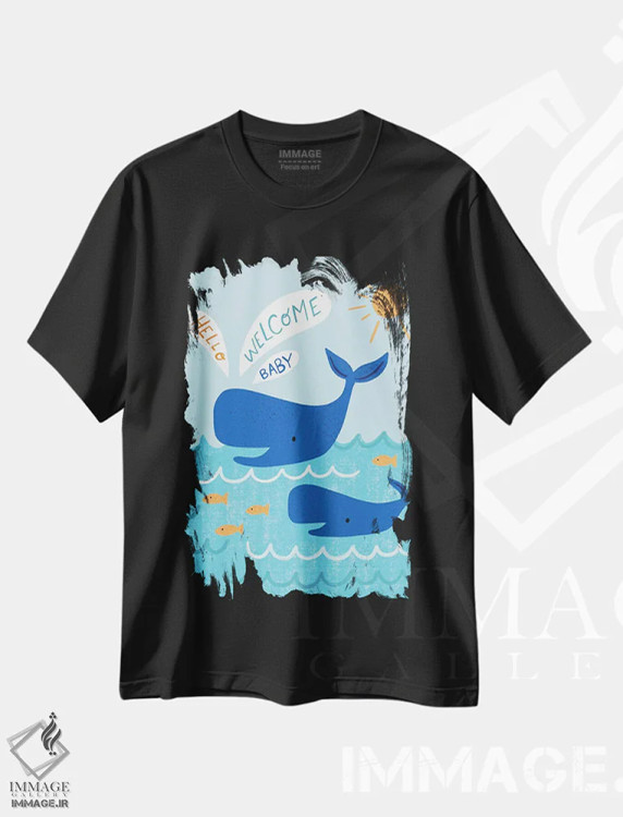تیشرت مشکی طرح دار نهنگ مادر و بچه نهنگ، تزئینی اثر نینا سوِن | فروشگاه ایماژ