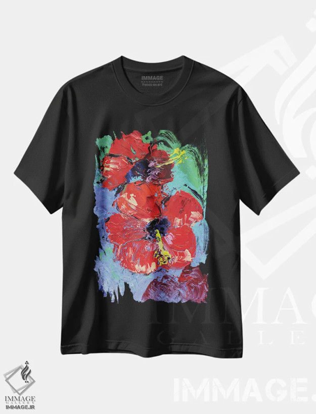 تیشرت مشکی طرح دار دو گل ختمی، دکور معاصر اثر ناتالی مک | فروشگاه ایماژ