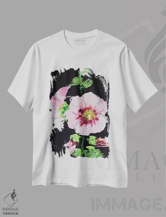 تیشرت سفید طرح دار گل ختمی، دکور معاصر اثر ناتالی مک | فروشگاه ایماژ