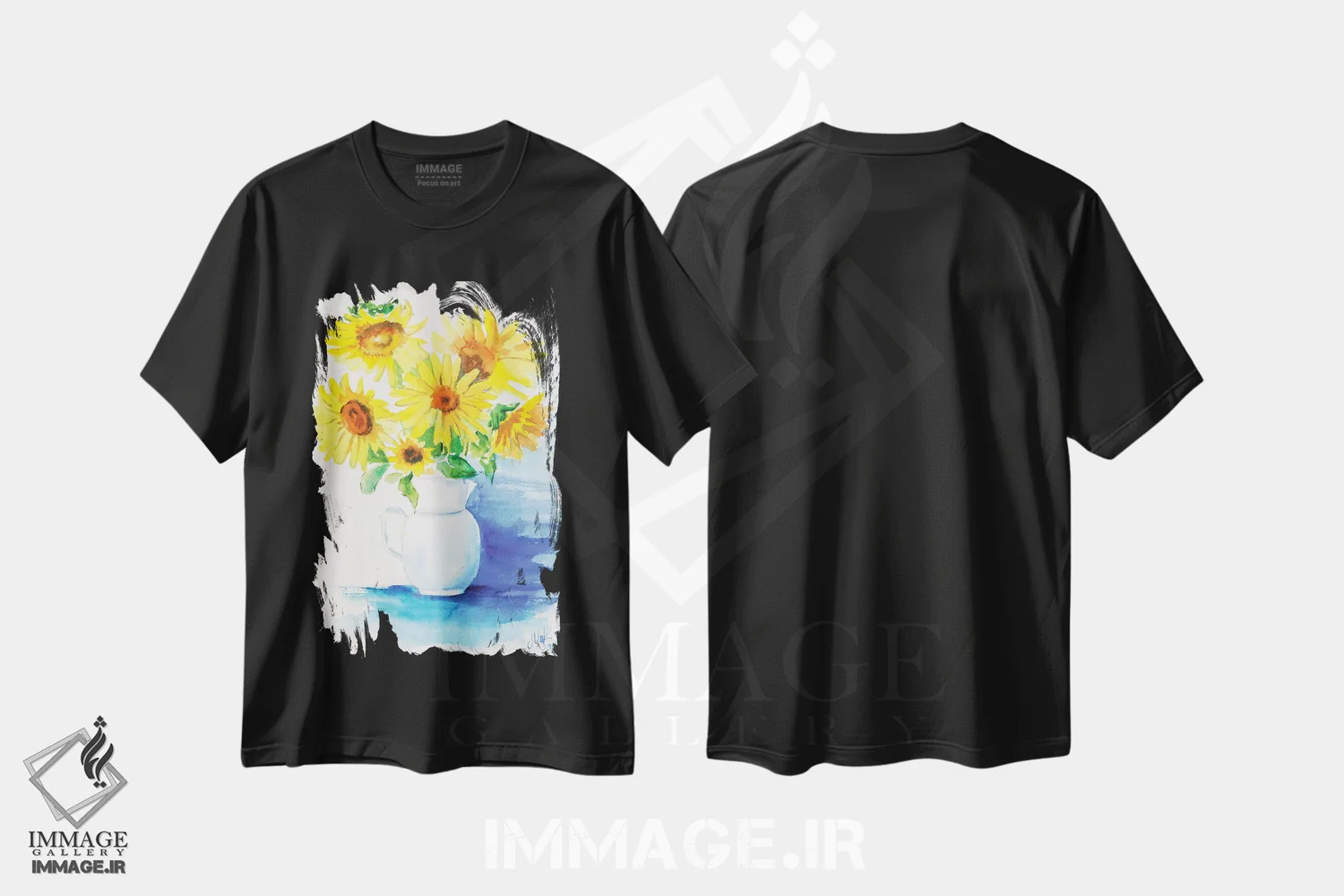 تیشرت مشکی طرح دار دسته گل آفتابگردان۲، دکور معاصر اثر ناتالی مک | immage.ir