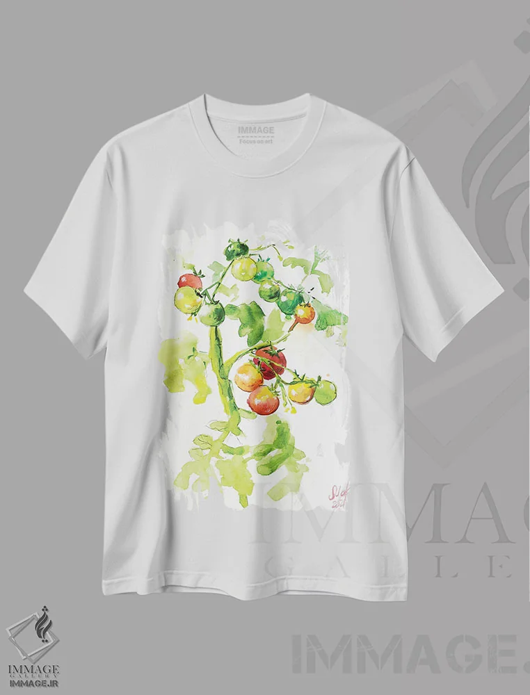 تیشرت سفید طرح دار گوجه فرنگی روی شاخه، دکور معاصر اثر ناتالی مک | immage.ir