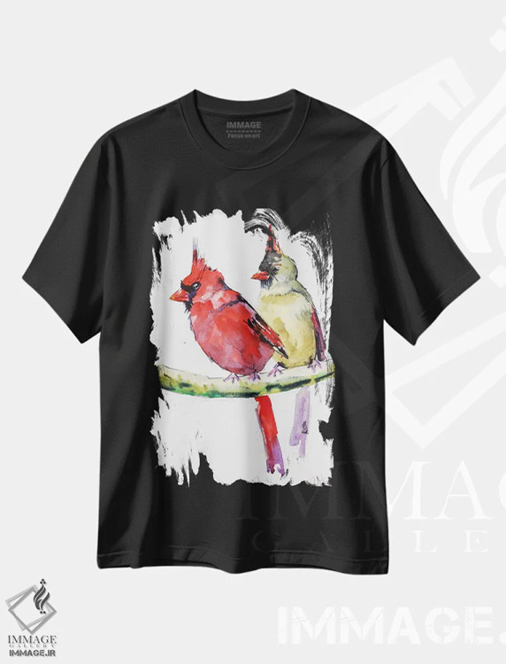 تیشرت مشکی طرح دار دو پرنده کاردینال، دکور معاصر اثر ناتالی مک | فروشگاه ایماژ