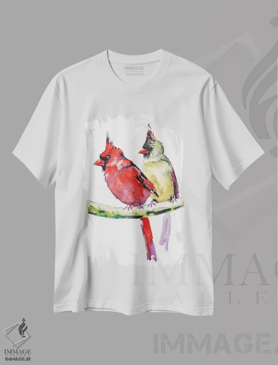 تیشرت سفید طرح دار دو پرنده کاردینال، دکور معاصر اثر ناتالی مک | immage.ir