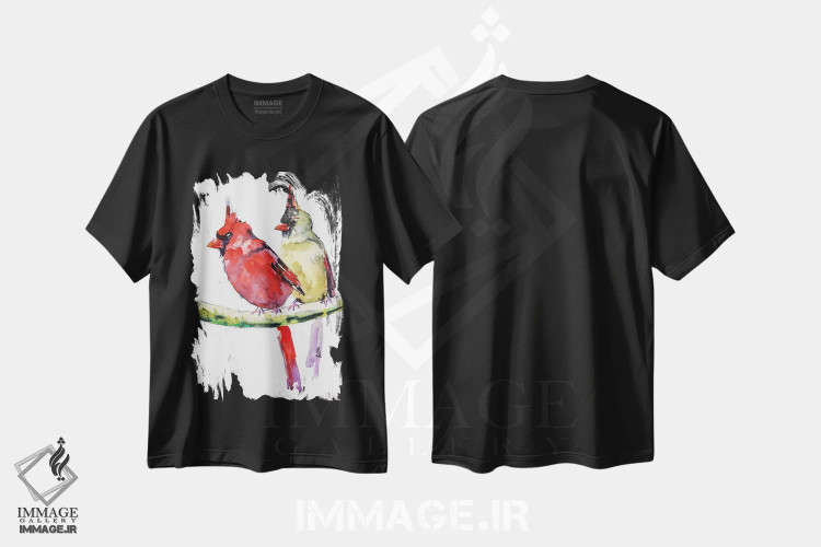 تیشرت مشکی طرح دار دو پرنده کاردینال، دکور معاصر اثر ناتالی مک | فروشگاه ایماژ