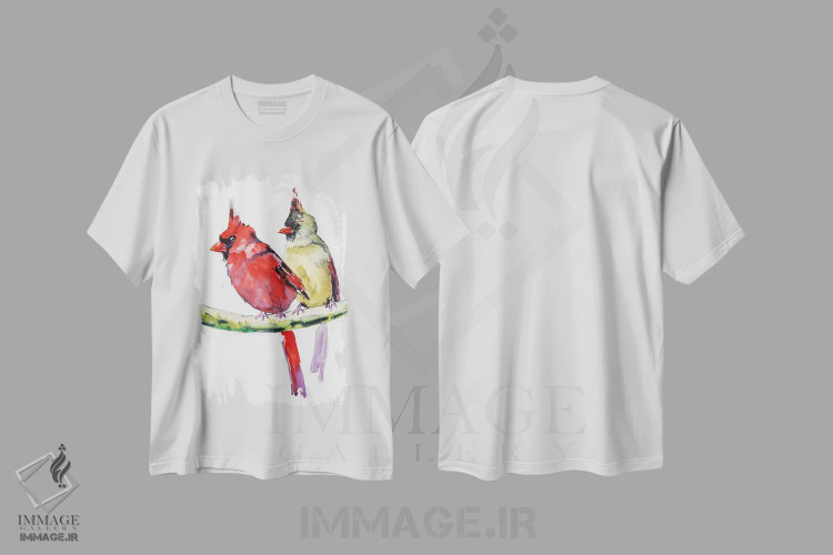 تیشرت سفید طرح دار دو پرنده کاردینال، دکور معاصر اثر ناتالی مک | immage.ir