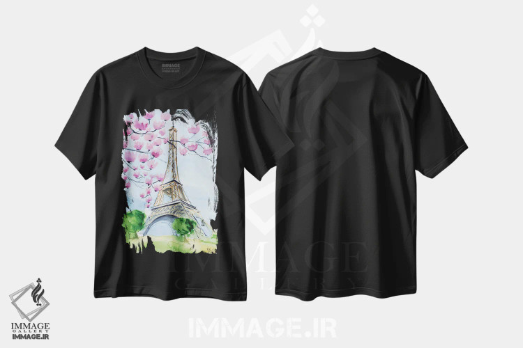 تیشرت مشکی طرح دار برج ایفل، دکور معاصر اثر ناتالی مک | فروشگاه ایماژ