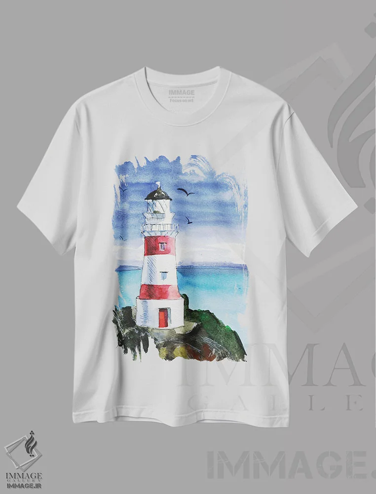 تیشرت سفید طرح دار فانوس دریایی پالیزر، دکور معاصر اثر ناتالی مک | فروشگاه ایماژ