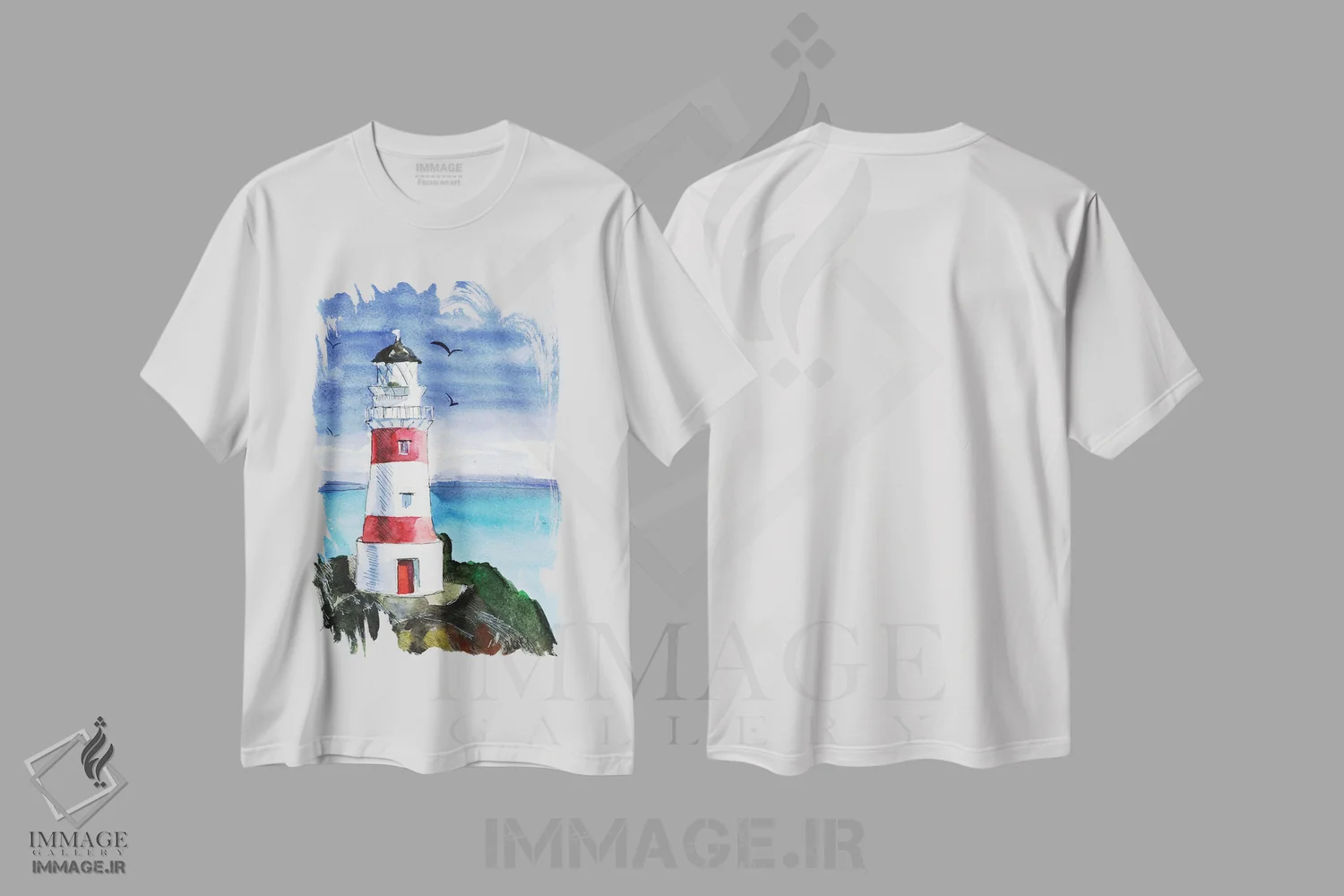 تیشرت سفید طرح دار فانوس دریایی پالیزر، دکور معاصر اثر ناتالی مک | فروشگاه ایماژ