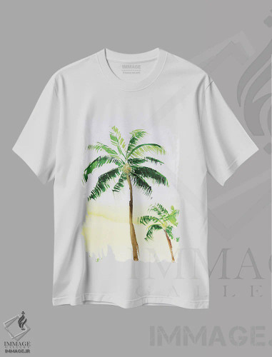 تیشرت سفید طرح دار درخت نخل، دکور ساحلی اثر ناتالی مک | فروشگاه ایماژ