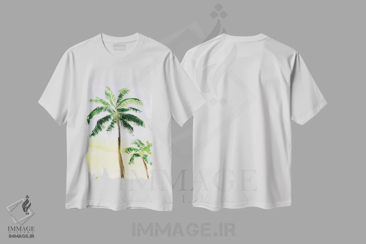 تیشرت سفید طرح دار درخت نخل، دکور ساحلی اثر ناتالی مک | فروشگاه ایماژ