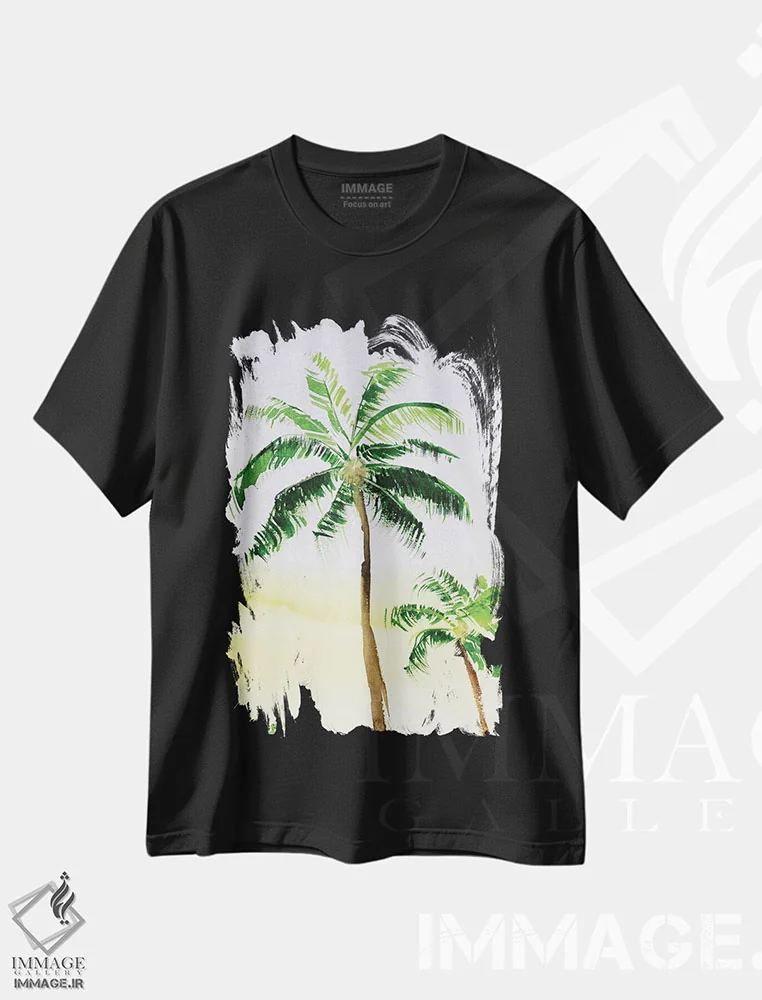 تیشرت مشکی طرح دار درخت نخل، دکور ساحلی اثر ناتالی مک | immage.ir