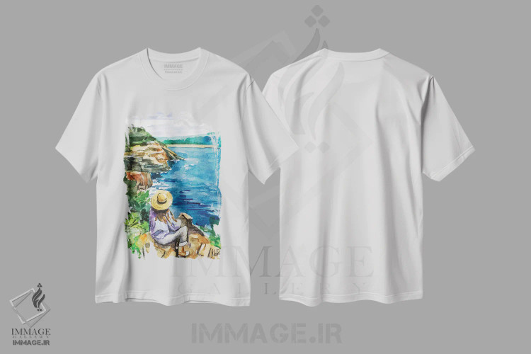 تیشرت سفید طرح دار چهره زن در منظره، دکور معاصر اثر ناتالی مک | فروشگاه ایماژ
