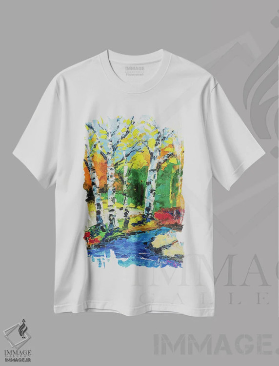 تیشرت سفید طرح دار منظره درختان توس، دکور معاصر اثر ناتالی مک | فروشگاه ایماژ