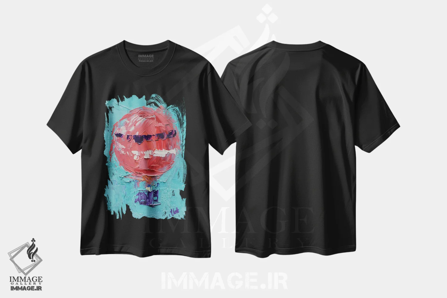 تیشرت مشکی طرح دار بالن هوای گرم، دکور معاصر اثر ناتالی مک | فروشگاه ایماژ
