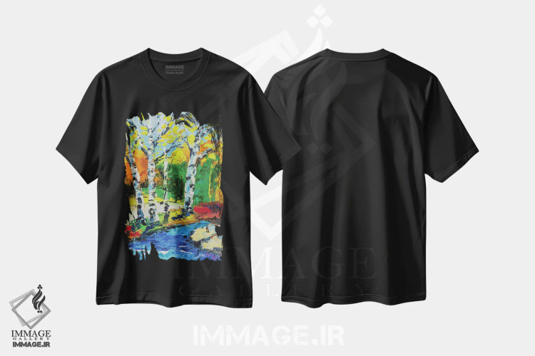 تیشرت مشکی طرح دار منظره درختان توس، دکور معاصر اثر ناتالی مک | immage.ir