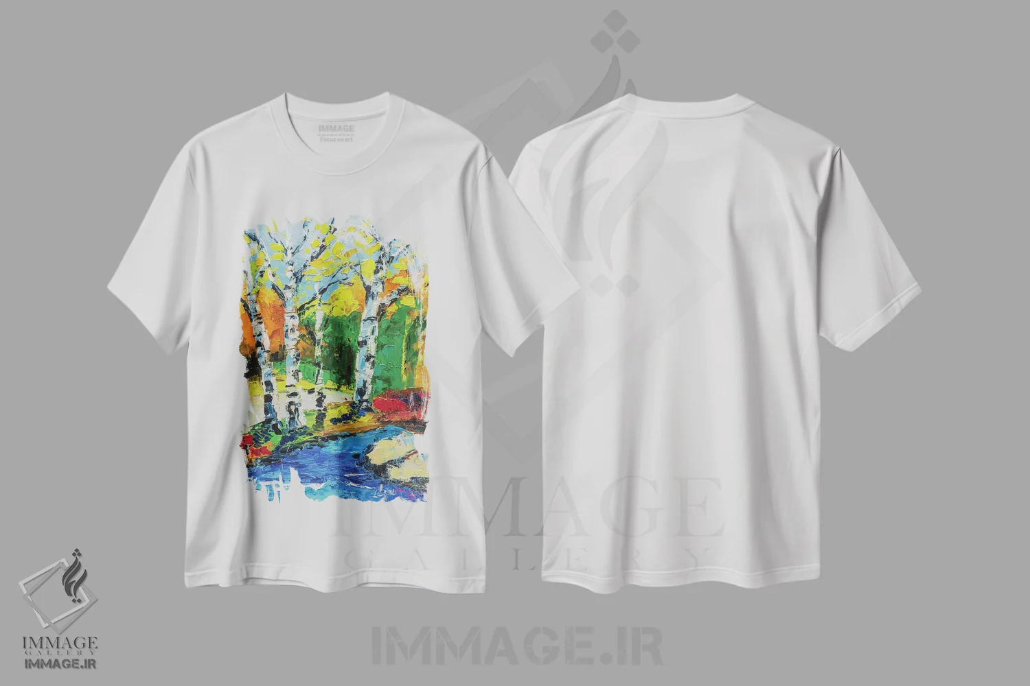 تیشرت سفید طرح دار منظره درختان توس، دکور معاصر اثر ناتالی مک | فروشگاه ایماژ