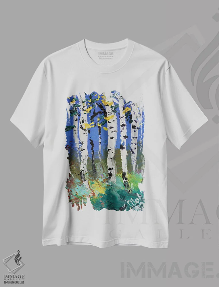تیشرت سفید طرح دار منظره درختان توس II، دکور معاصر اثر ناتالی مک | immage.ir