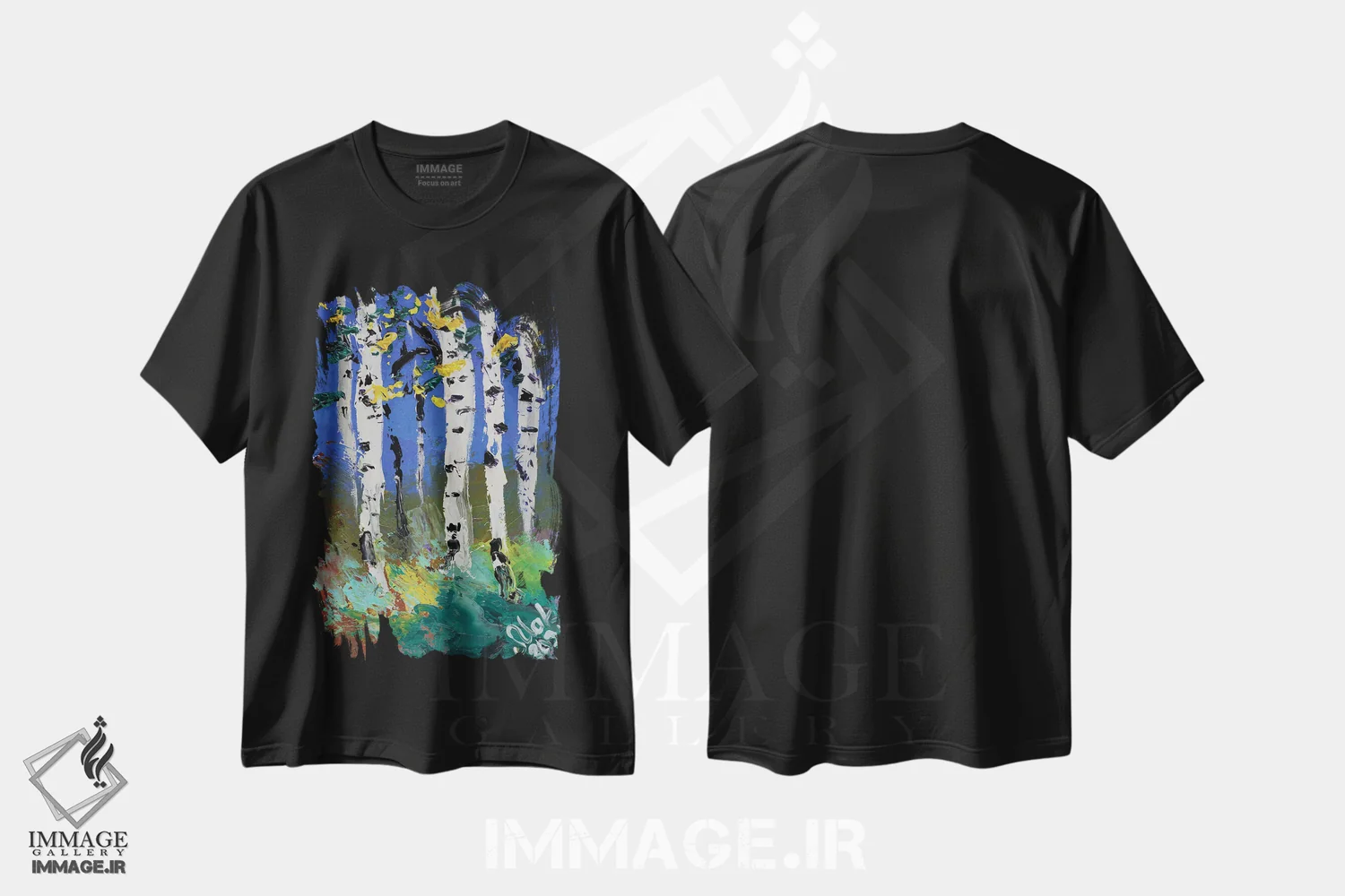 تیشرت مشکی طرح دار منظره درختان توس II، دکور معاصر اثر ناتالی مک | فروشگاه ایماژ
