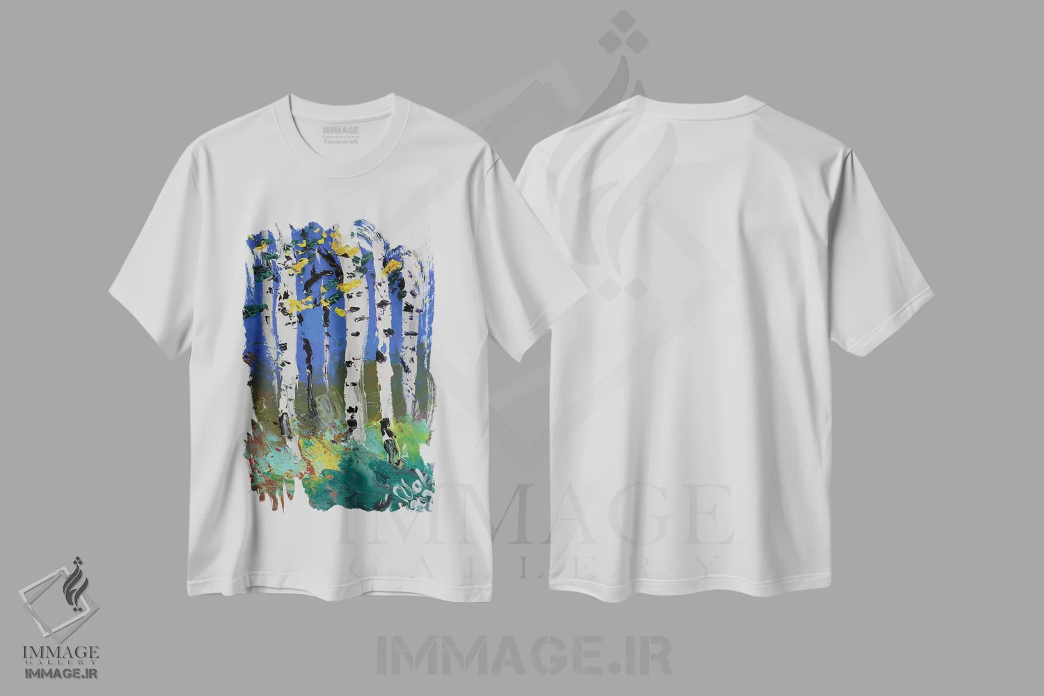 تیشرت سفید طرح دار منظره درختان توس II، دکور معاصر اثر ناتالی مک | immage.ir