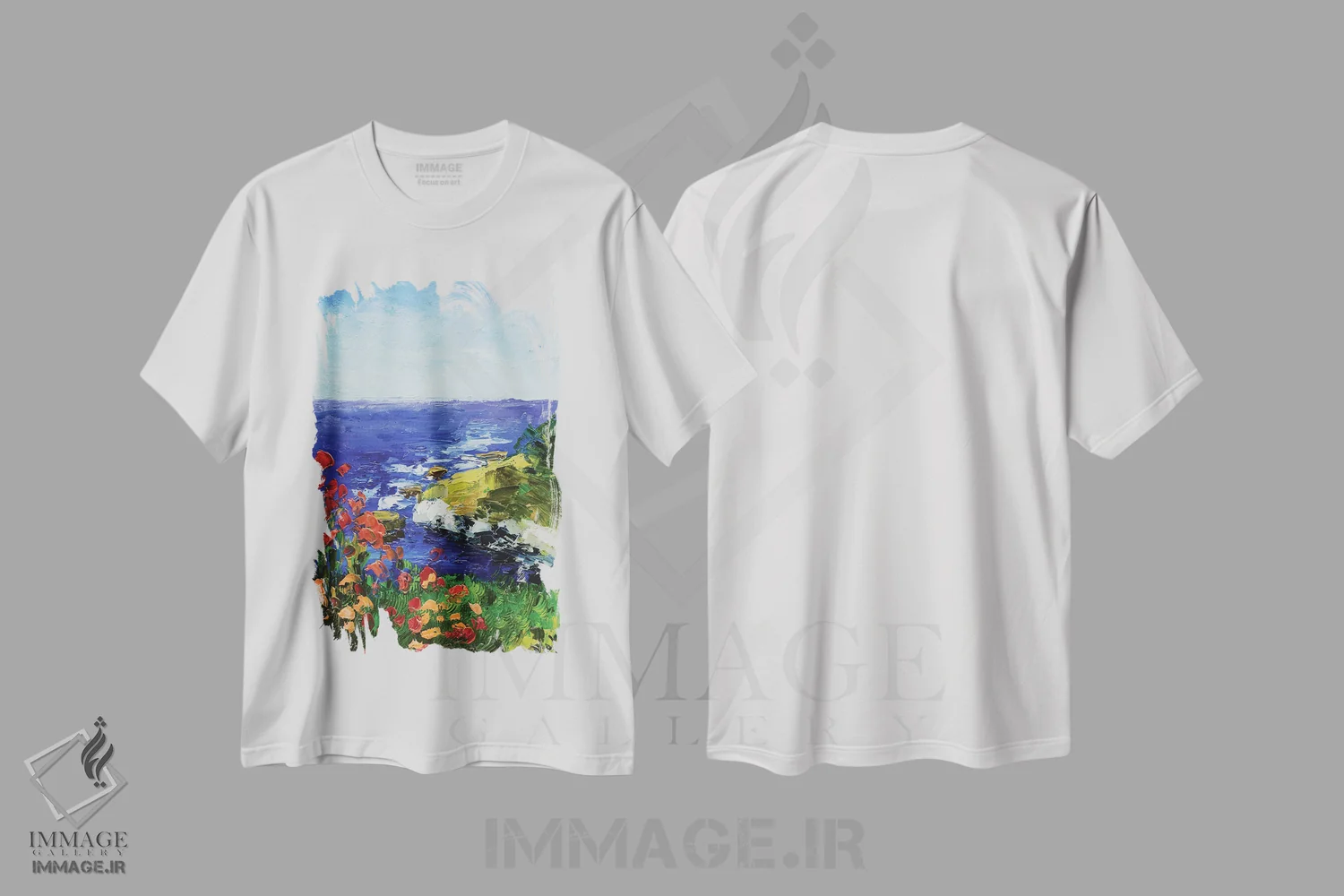 تیشرت سفید طرح دار منظره ساحلی III، دکور ساحلی اثر ناتالی مک | فروشگاه ایماژ