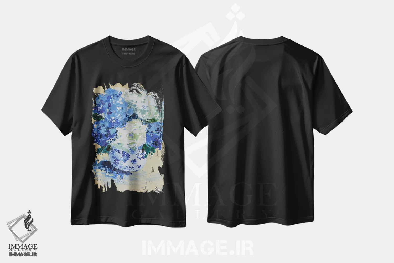 تیشرت مشکی طرح دار هورتانسیا سفید و آبی، دکور معاصر اثر ناتالی مک | immage.ir